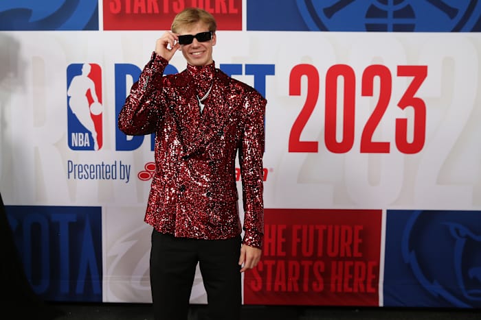 Jun 22, 2023; Brooklyn, NY, USA; Gradey Dick (Kansas) arrives for the first round of the 2023 NBA Draft at Barclays Arena. Mandatory Credit: Wendell Cruz-USA TODAY Sports